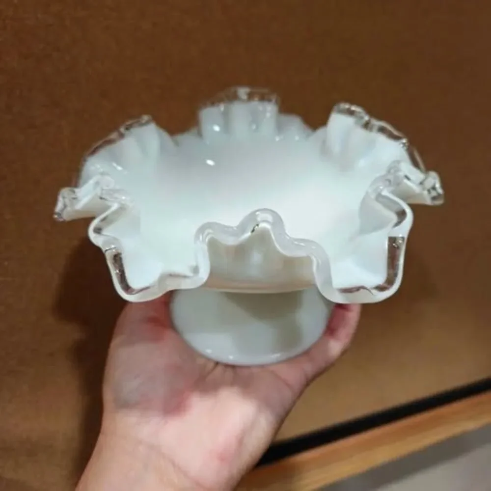 Vintage white opalescent ruffled pedestal glass bowl